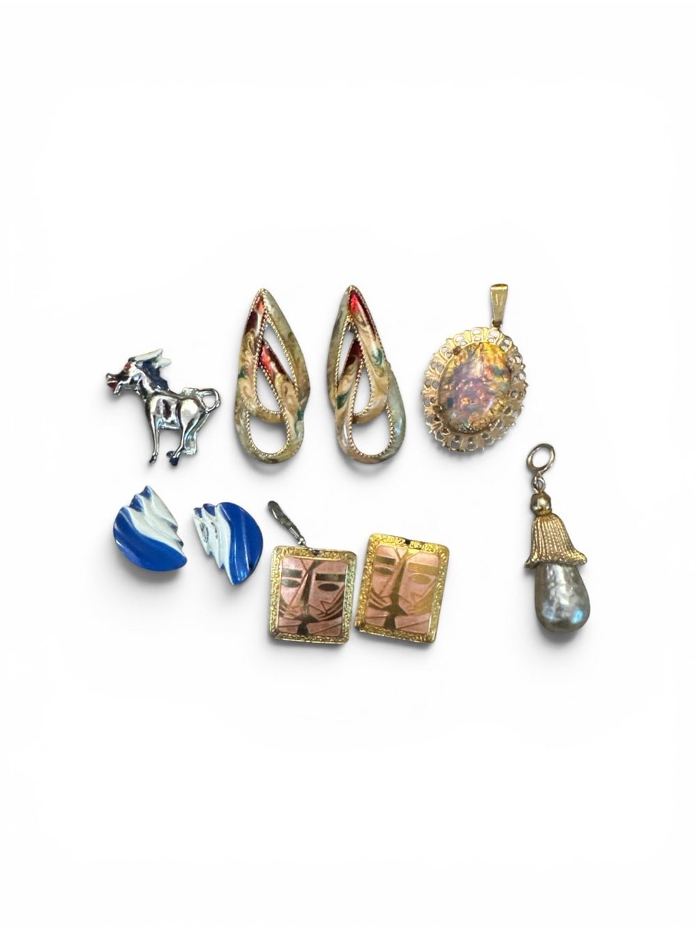 Mixed Vintage Costume Jewelry Lot Gold Tones, Blue & Iridescent Accents Bundle
